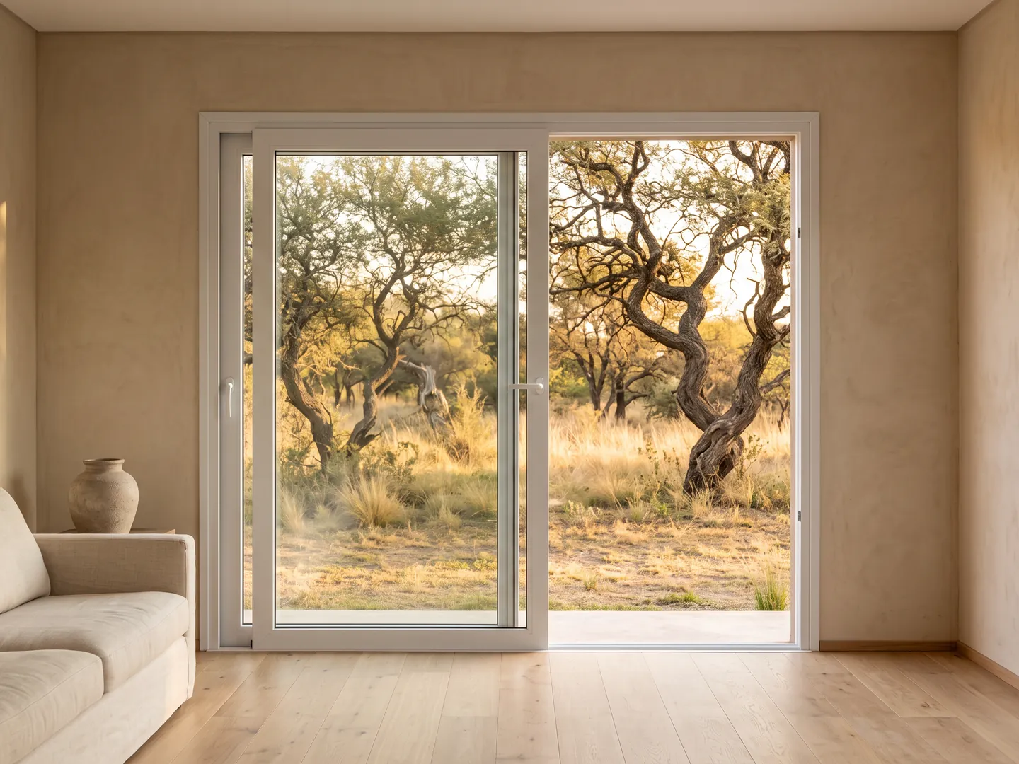 Living con una puerta-ventana corrediza de aluminio blanco que da al caldenal