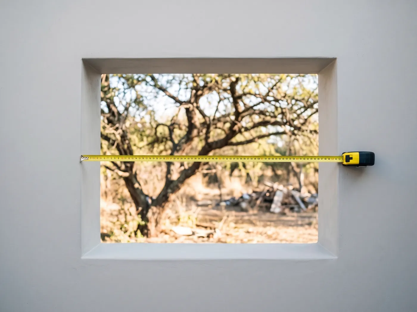 Un vano de ventana en una pared de ladrillo, con una cinta métrica tendida