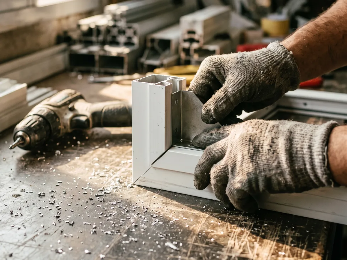 Manos con guantes armando la esquina de un marco de aluminio en el taller