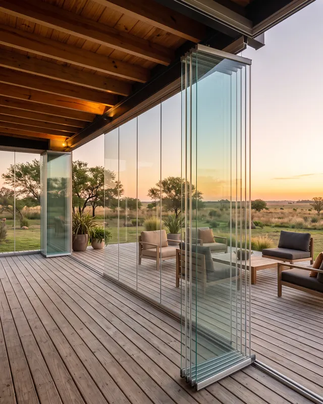 Galería cerrada con cortina de cristal, con paños plegados a un costado