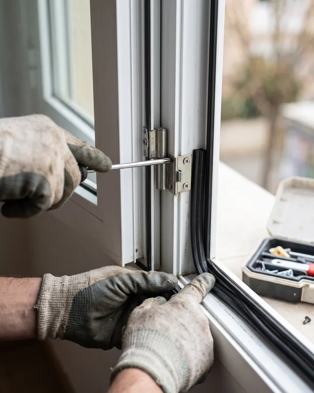 Manos ajustando la bisagra de una ventana de aluminio y cambiando el burlete